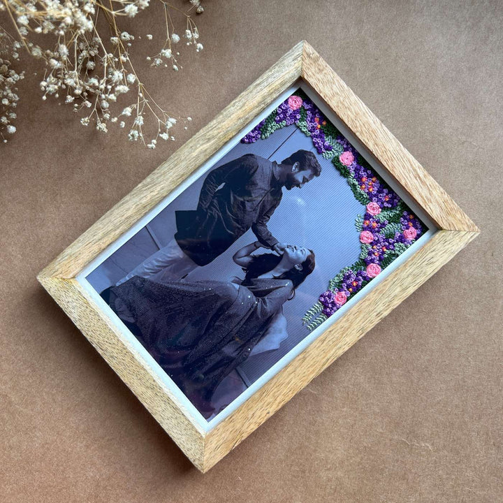 Floral Three Side Design Hand Embroidered Photo With Wooden Frame