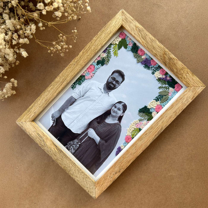 Three Side Floral Design Hand Embroidered Photo With Wooden Frame
