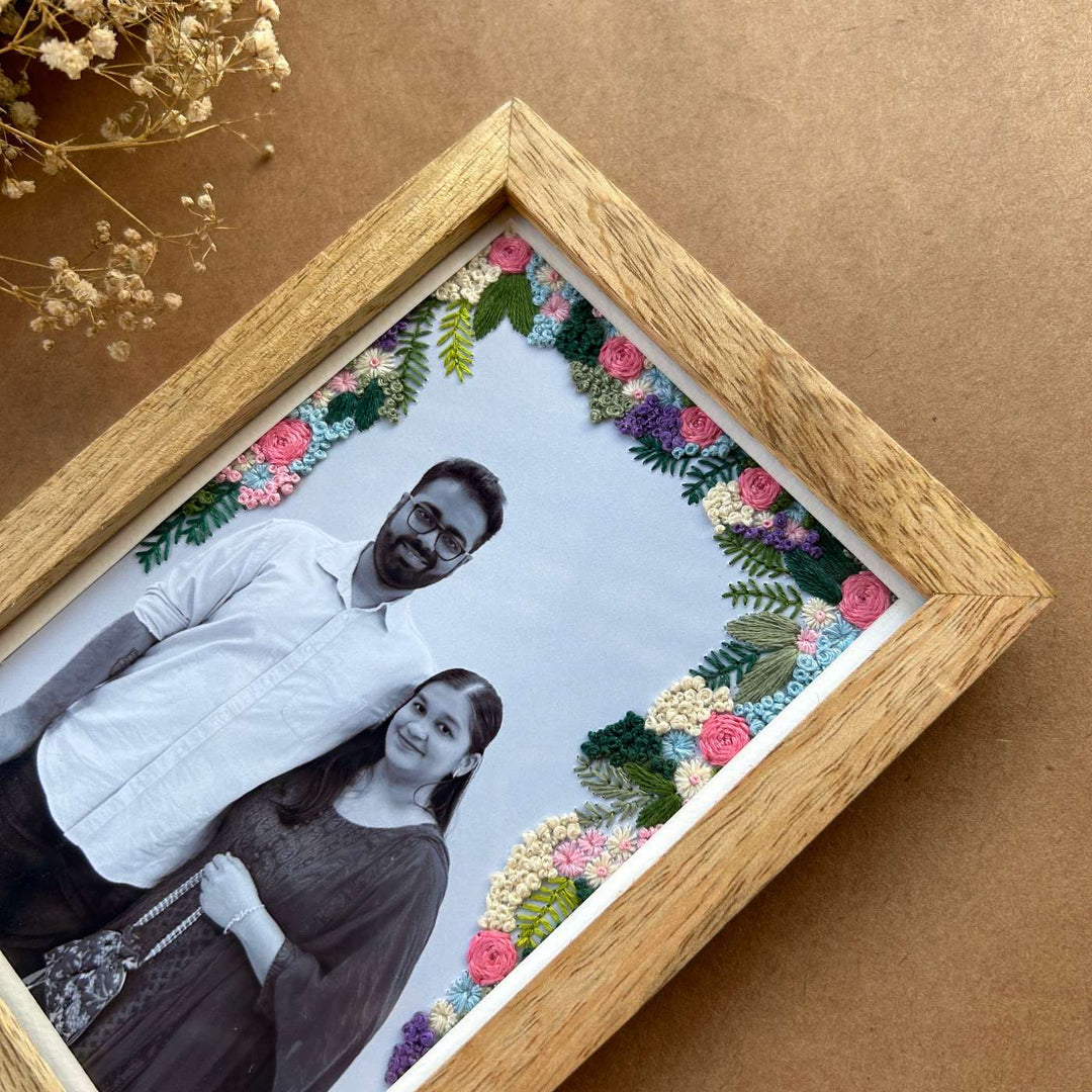 Three Side Floral Design Hand Embroidered Photo With Wooden Frame