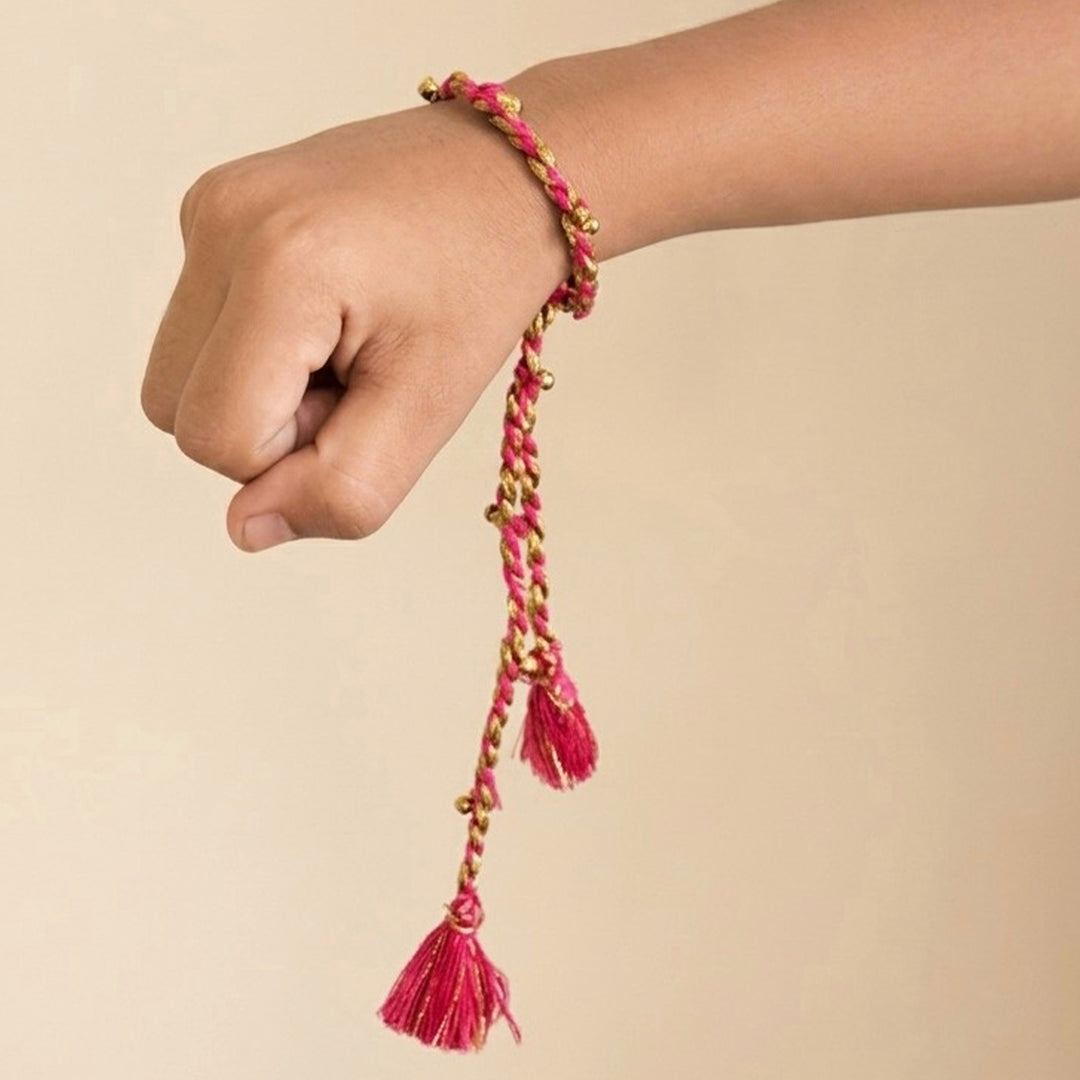 Handcrafted Shola, Dori & Ghungroo Tassel Rakhi - Pink