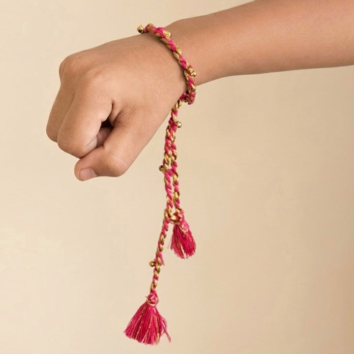 Handcrafted Shola, Dori & Ghungroo Tassel Rakhi - Pink