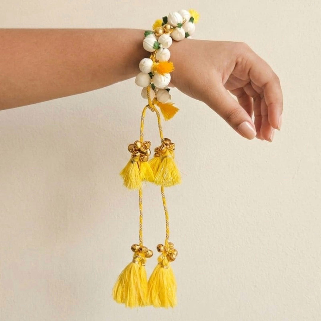 Handcrafted Shola & Ghungroo Tassel Lumba Rakhi for Bhabhi - Yellow