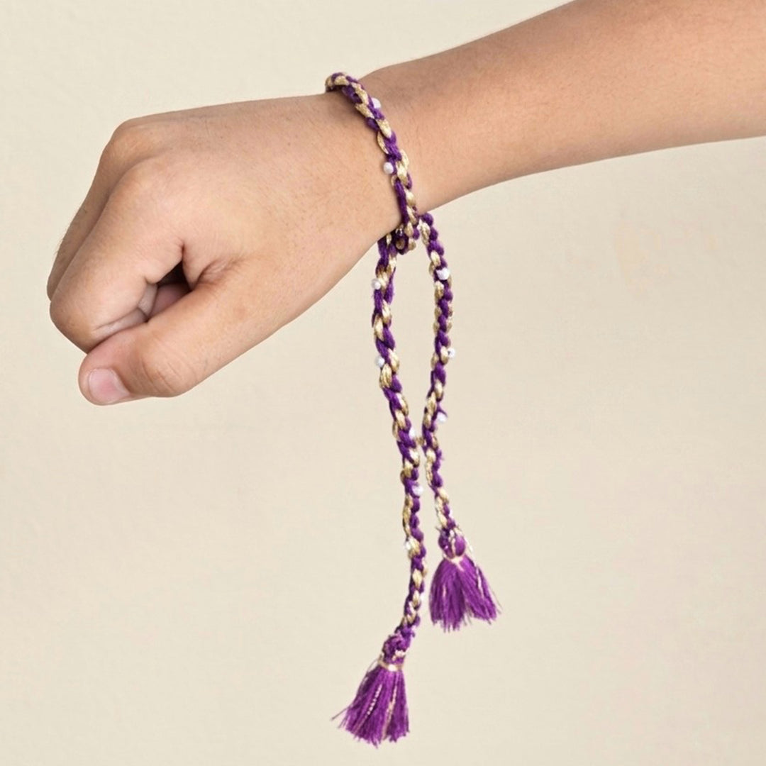 Handcrafted Cotton Dori & Pearl Bead Work Cheed Rakhi - Violet