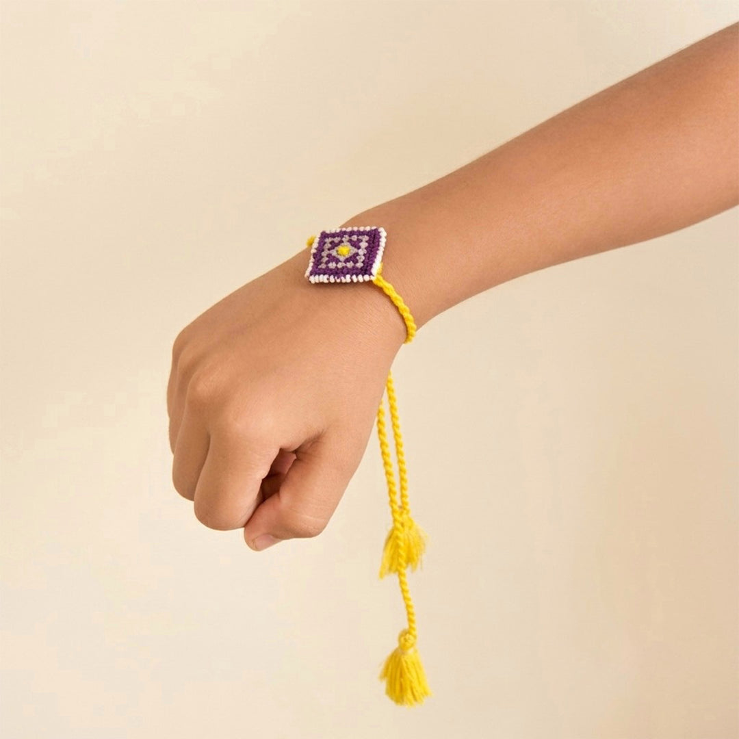 Handcrafted Silk Thread & Pearl Bead Work Cheed Rakhi - Violet