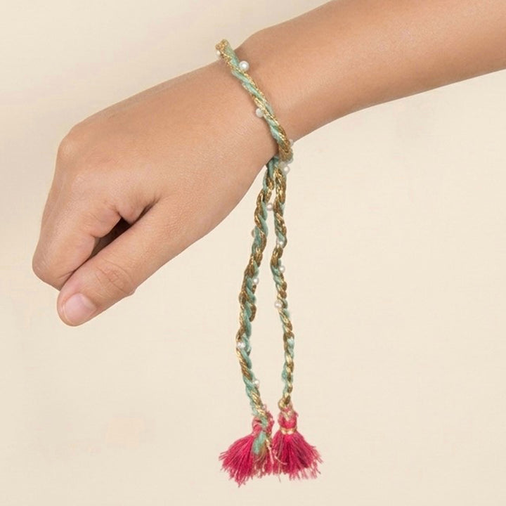 Handcrafted Cotton Dori & Pearl Bead Work Cheed Rakhi - Mint Green
