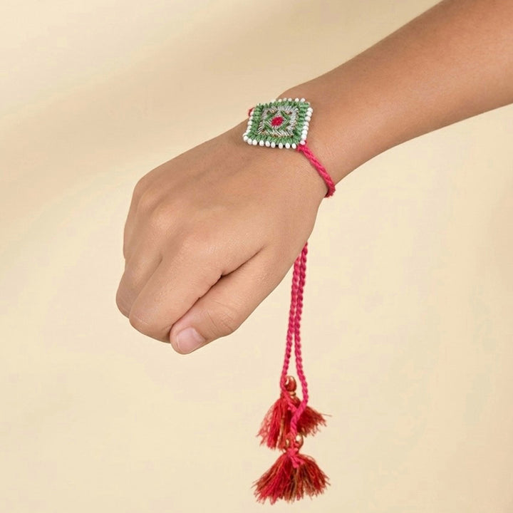 Handcrafted Silk Thread & Pearl Bead Work Cheed Rakhi - Mint Green