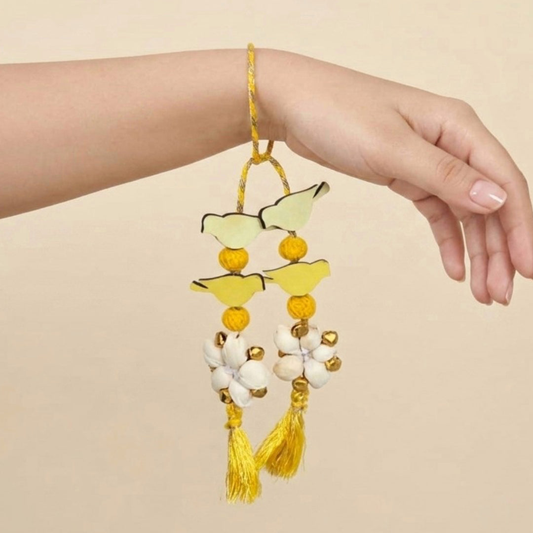 Handcrafted Bird Motif Shola Beaded Tassel Lumba Rakhi for Bhabhi - Yellow
