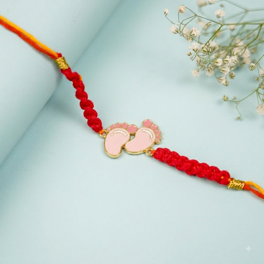 Handmade Macrame Baby Feet Theme Metal Rakhi With Roli Chawal