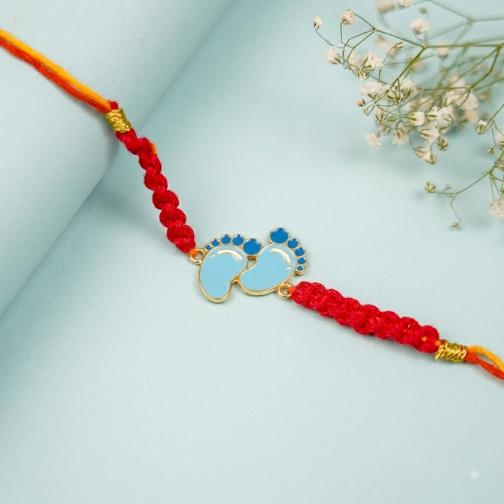 Handmade Macrame Baby Feet Theme Metal Rakhi With Roli Chawal