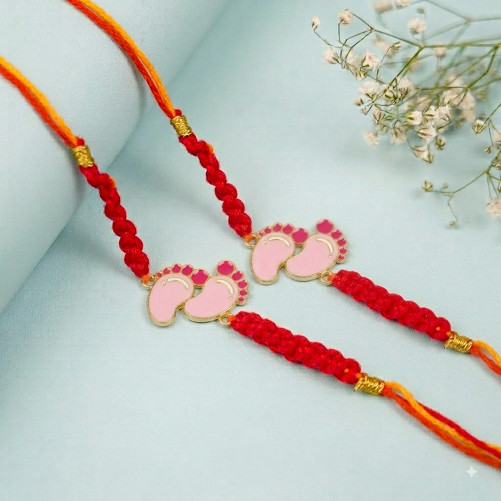 2 Pc | Handmade Macrame Baby Feet Theme Metal Rakhi With Roli Chawal For Twins
