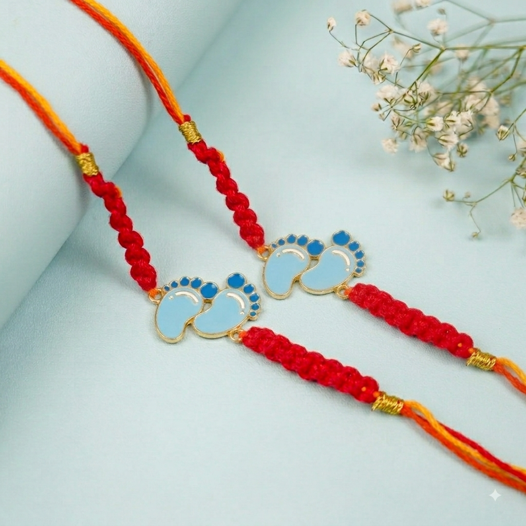 2 Pc | Handmade Macrame Baby Feet Theme Metal Rakhi With Roli Chawal For Twins