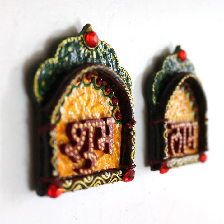 Set Of 2 | "Jharokha Shubh Laabh" Handcrafted Paper Mache Wall Decor With Layered Arch Detailing For Festive Decoration