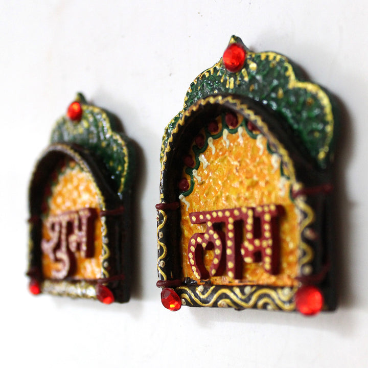 Set Of 2 | "Jharokha Shubh Laabh" Handcrafted Paper Mache Wall Decor With Layered Arch Detailing For Festive Decoration