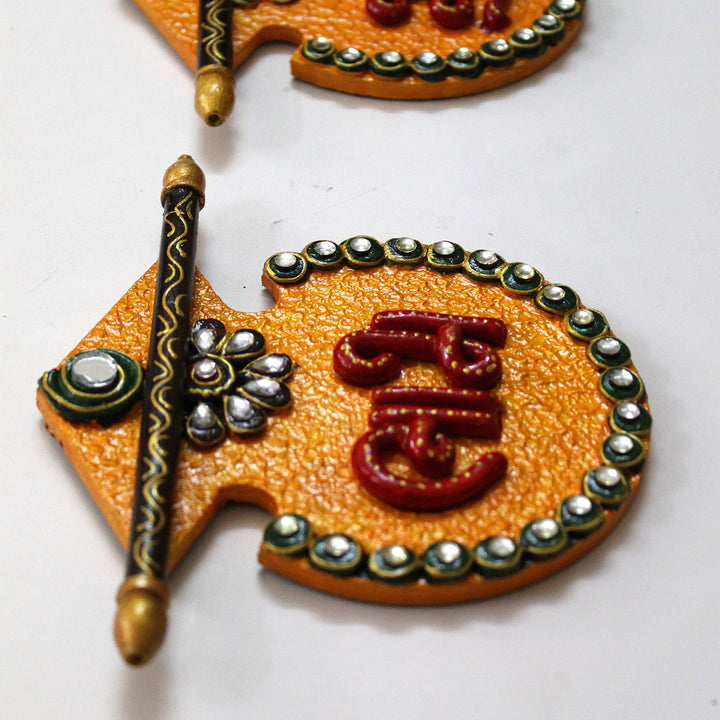 Set Of 2 | "Matki Shubh Laabh" Handcrafted Paper Mache Wall Decor With Hook Mount For Festive Decoration