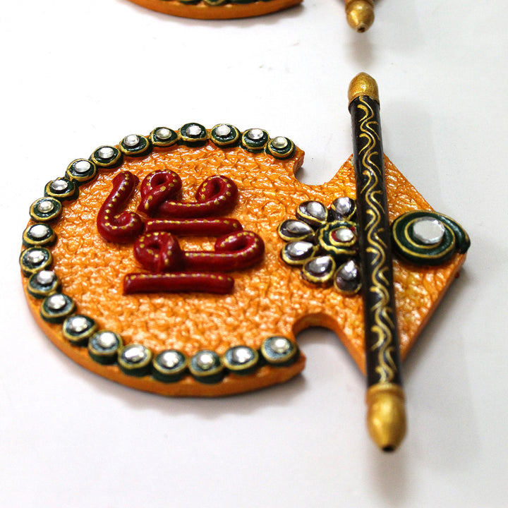Set Of 2 | "Matki Shubh Laabh" Handcrafted Paper Mache Wall Decor With Hook Mount For Festive Decoration