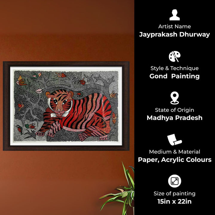 15 x 22 Inch | Tiger & Birds | Original Hand Painted Tribal Gond Art Painting | Acrylic Paints On Paper