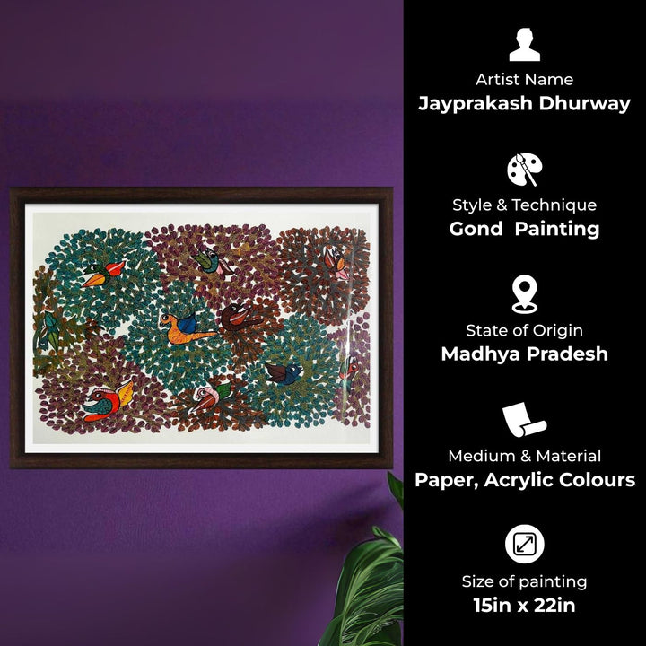 15 x 22 Inch | Birds & Tree | Original Hand Painted Tribal Gond Art Painting | Acrylic Paints On Paper