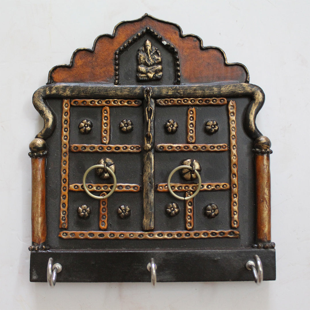Antique Jharokha Handmade Paper Mache Clay Key Holder With 3 Hooks