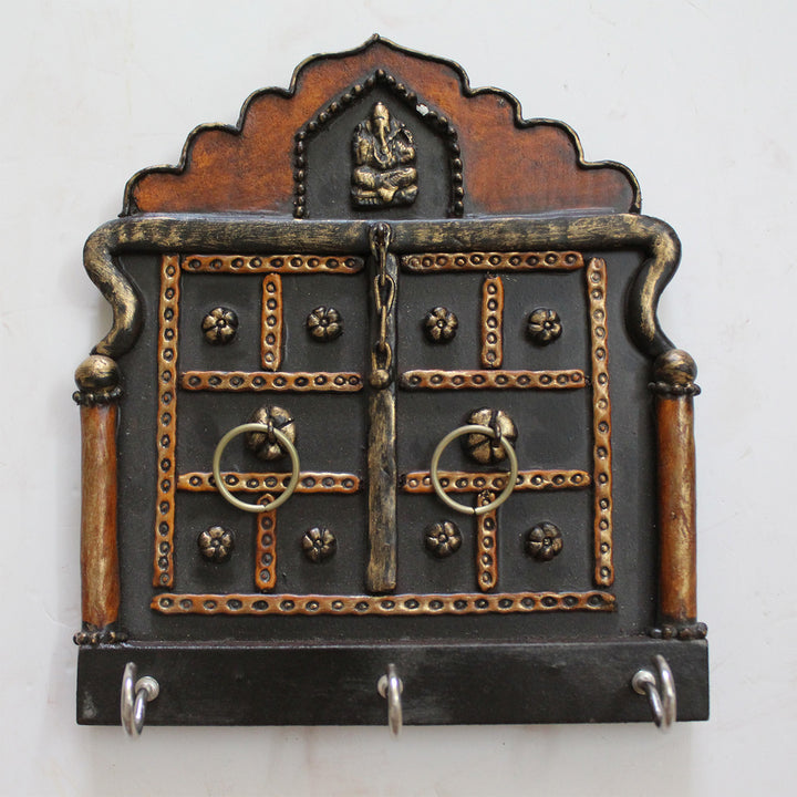 Antique Jharokha Handmade Paper Mache Clay Key Holder With 3 Hooks
