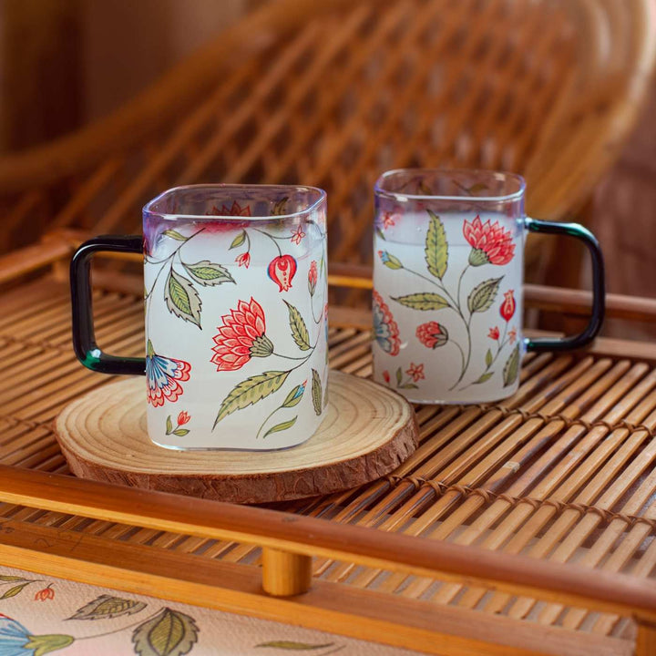 Borosilicate Glass Mugs with Delicate Prints I 230 ML