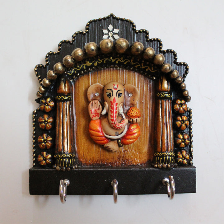 Antique Ganesh Handmade Paper Mache Clay Key Holder With 3 Hooks