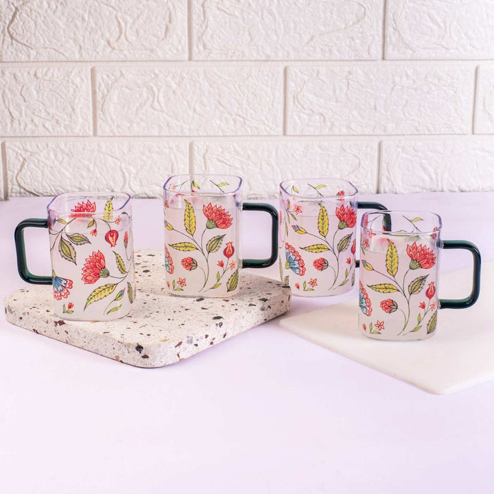 Borosilicate Glass Mugs with Delicate Prints I 230 ML