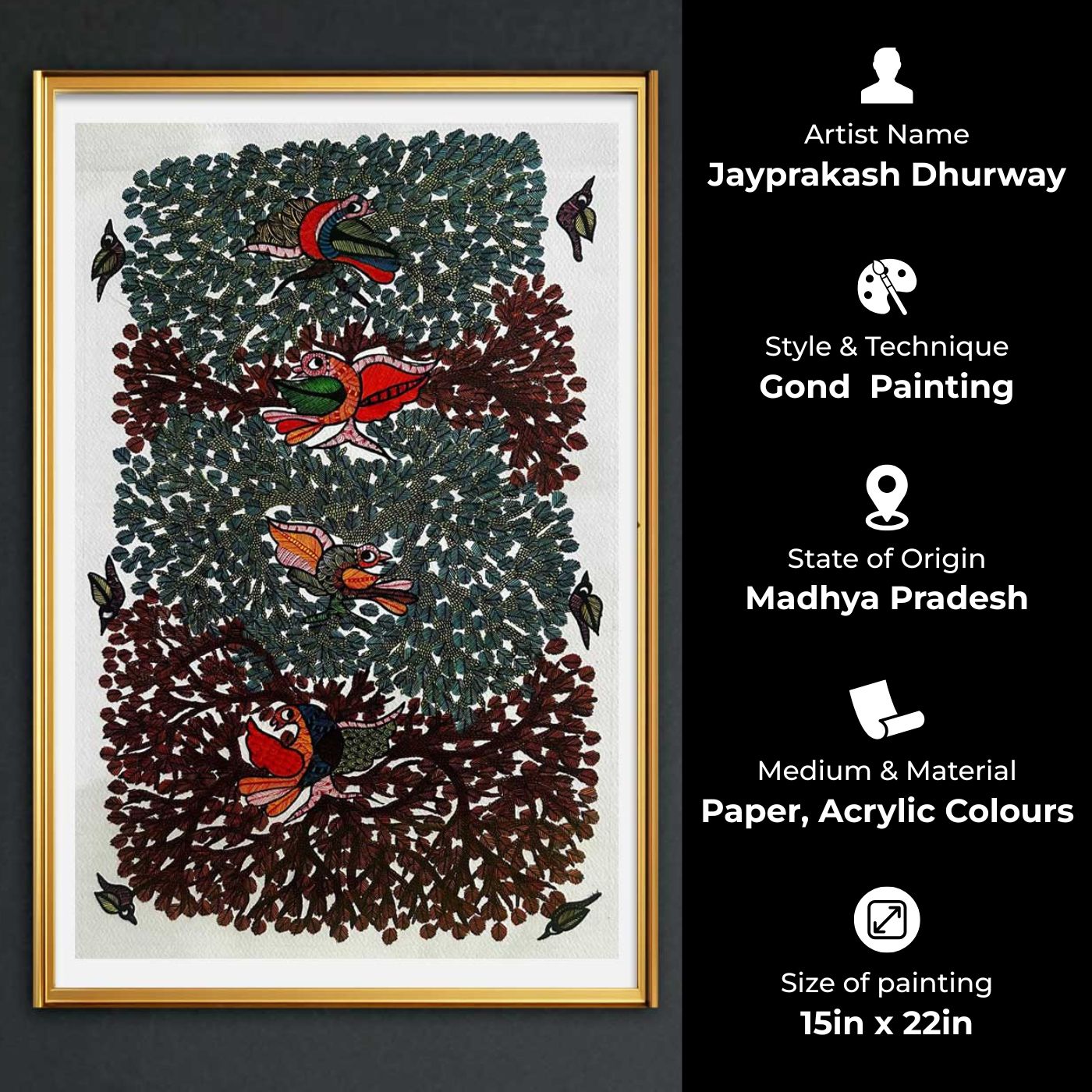 ゴンドアートNo.22 Buy 15 x 22 Inch | Birds & Leaves | Original Hand Painted Tribal