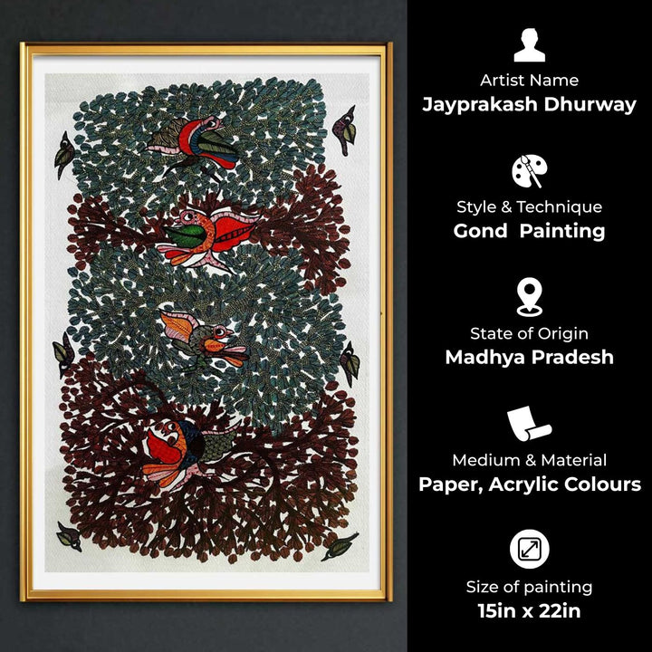15 x 22 Inch | Birds & Leaves | Original Hand Painted Tribal Gond Art Painting | Acrylic Paints On Paper
