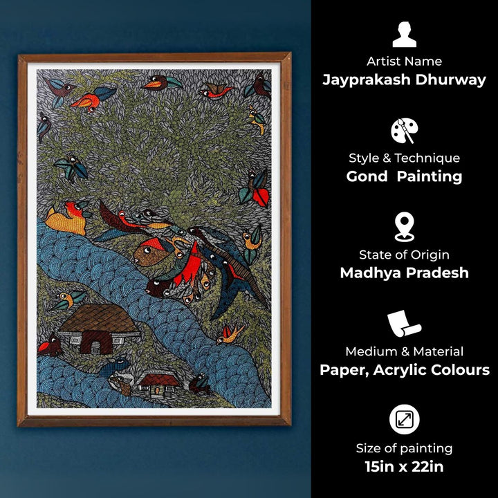 15 x 22 Inch | Flow and Flight | Original Hand Painted Tribal Gond Art Painting | Acrylic Paints On Paper