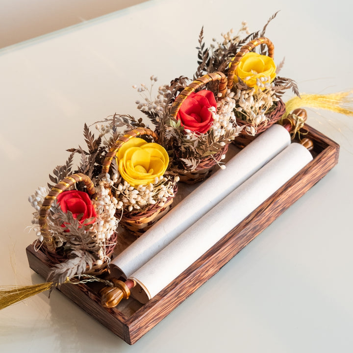 Handmade Mini Red And Yellow Dried Flower Bouquet In Willow Basket | Set Of 6