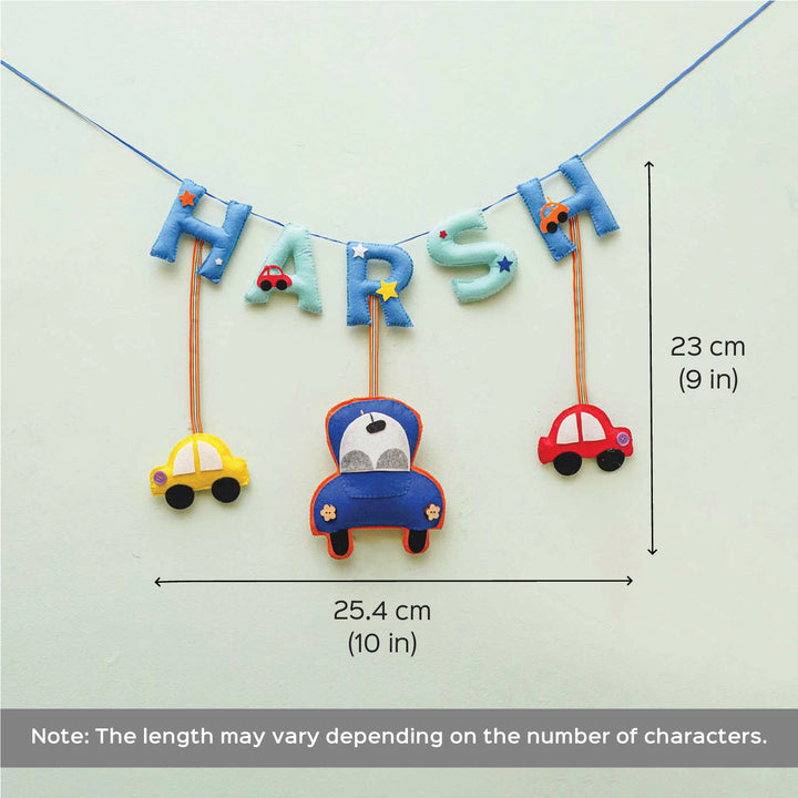 Personalized Handmade Cars Theme Felt Name Plate - Front View with Dimensions and Note