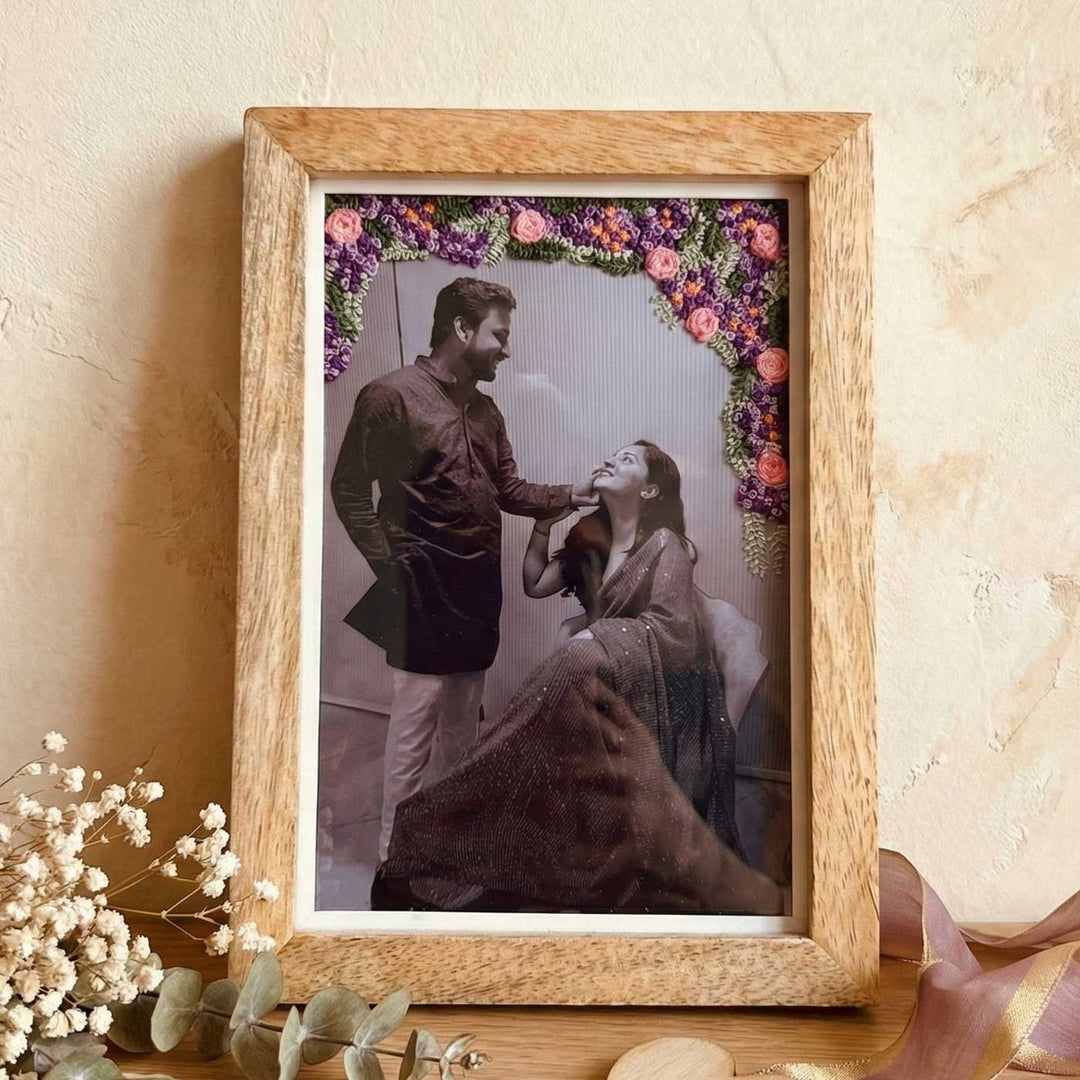 Floral Three Side Design Hand Embroidered Photo With Wooden Frame