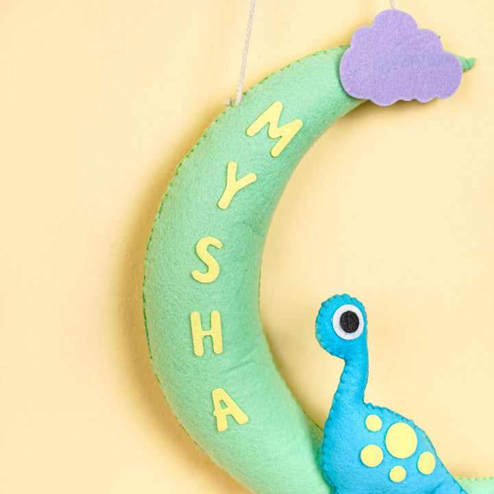 Handmade Dino on the Moon Kids Felt Name Hanging