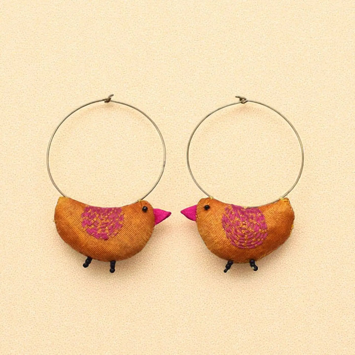 Handmade Textile Art Bulbul Bird Shaped Hoop Dupion Silk Fabric Earrings