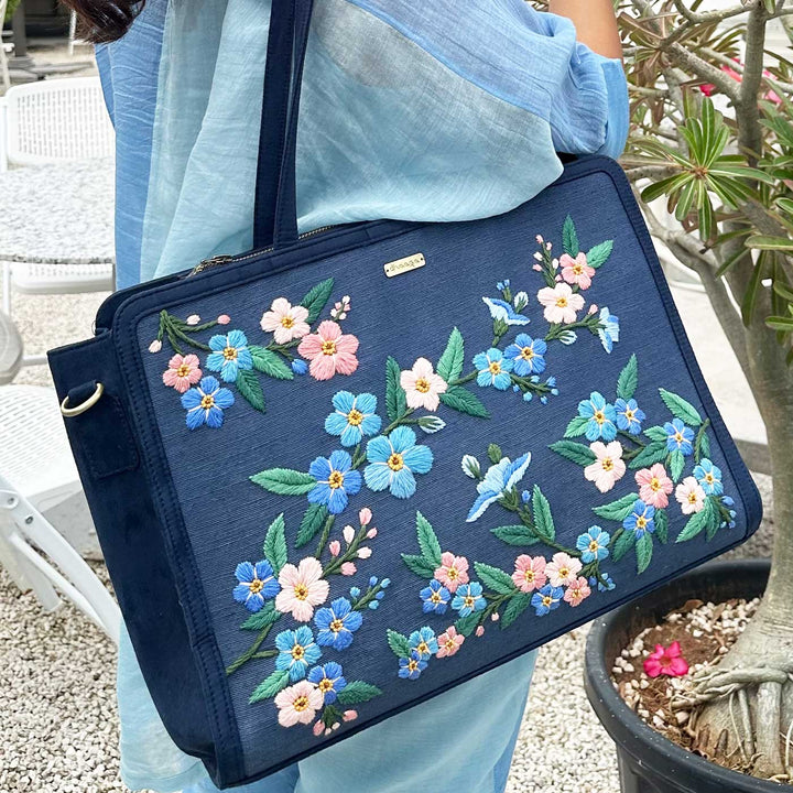 Personalized Hand Embroidered Blue Floral Tote Bag