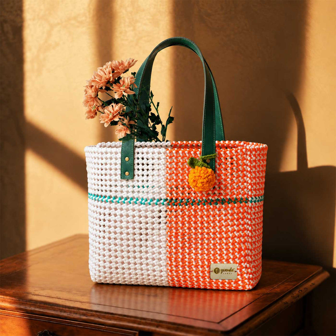 "Anand" Tricolour Colour Block Handmade Wire Koodai Tote Bag With Crochet Marigold Charm