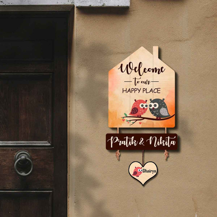 Printed Wooden House Shaped Owl Nameplate for Couples