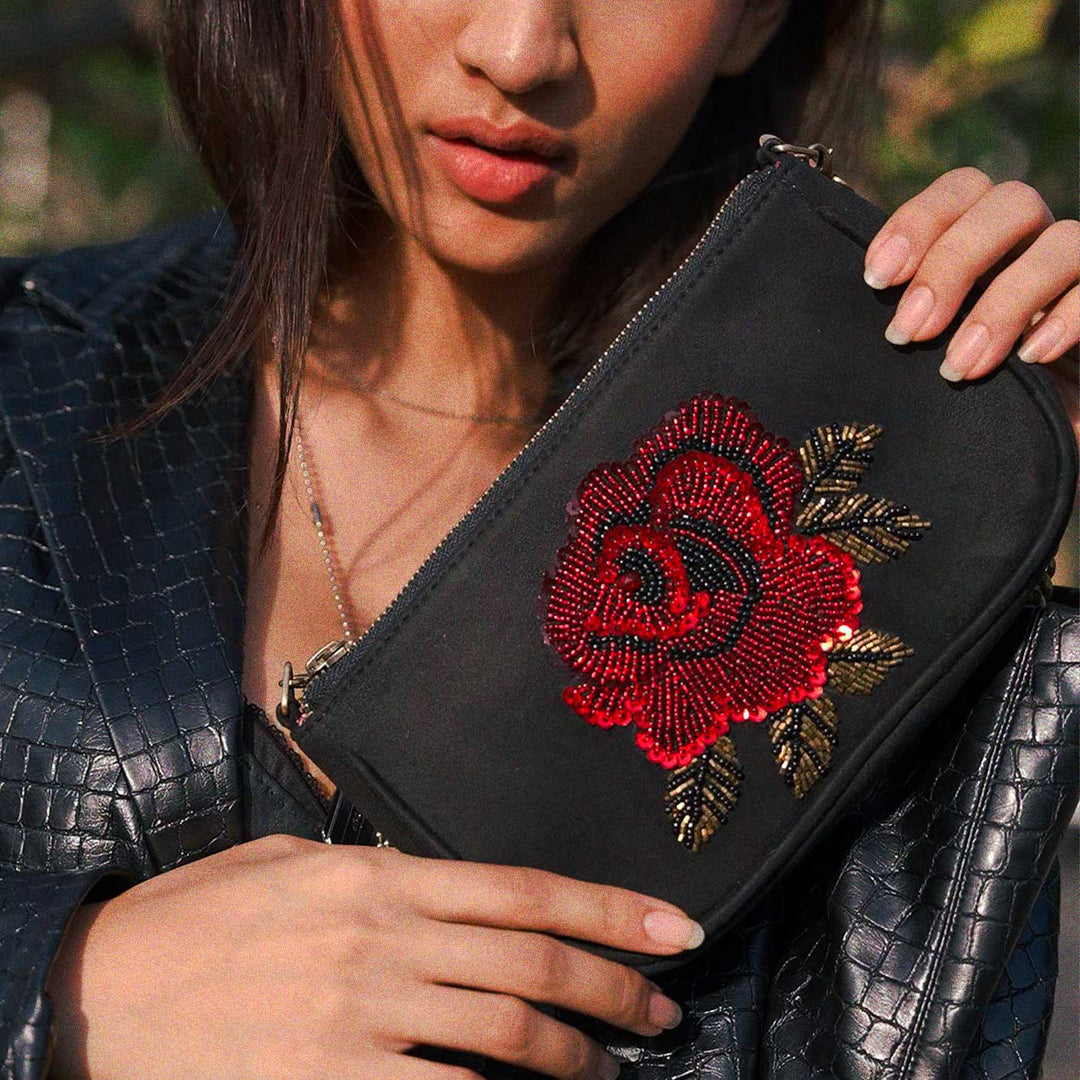 Hand Embroidered Rosette Black Baguette Bag