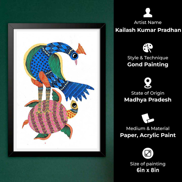 6 x 8 Inch | Peacock & Turtle | Original Hand painted Tribal Gond Art Painting | Acrylic Paints On Paper