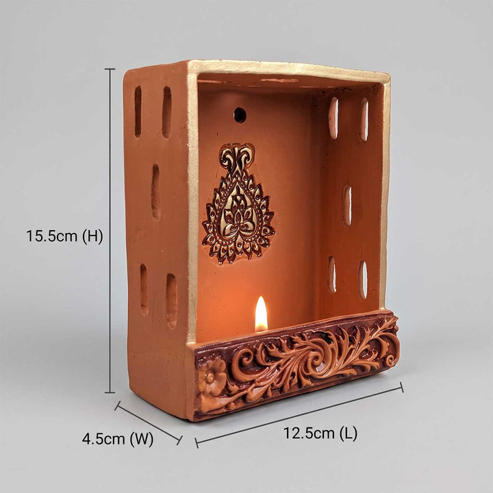 Hand-Painted "TerraShrine" Square Jaali Cutout Terracotta Wall Decor Tealight Holder For Festive Decor