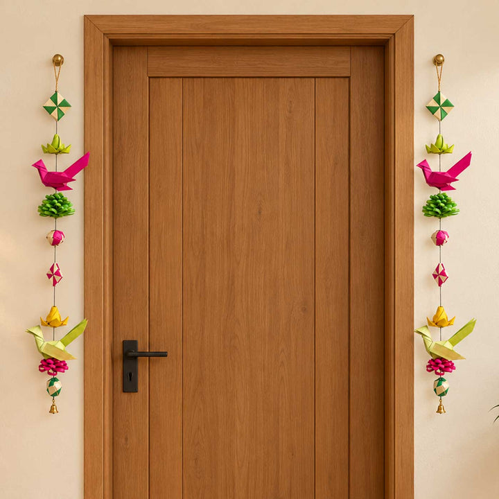 2 Pc | Handcrafted Palm Leaf Lotus & Parrot String Hanging With Bells
