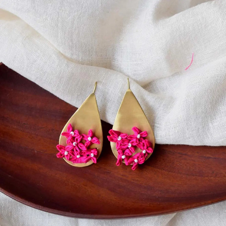 Handmade Textile Art Floral Drop Shaped Dupion Silk Fabric Earrings