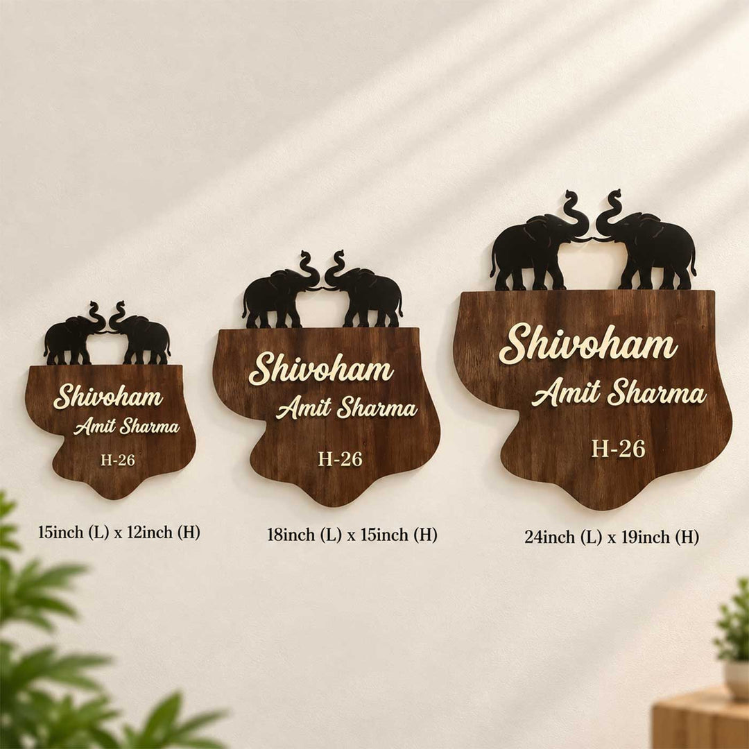 Personalized Elephant & Shiva Motif Rubber Wood Name Plate With 3D Metal Letters For Home