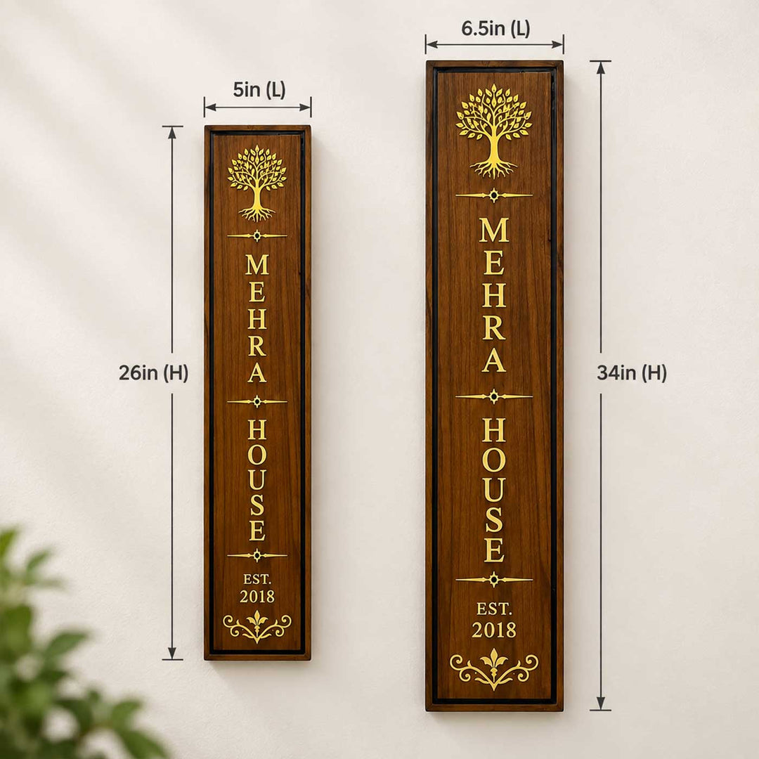 Minimal Linear Design Vertical Slim Personalized Handcrafted Teak Wood Name Plate With Inlaid Brass Lettering & Resin Border For Home