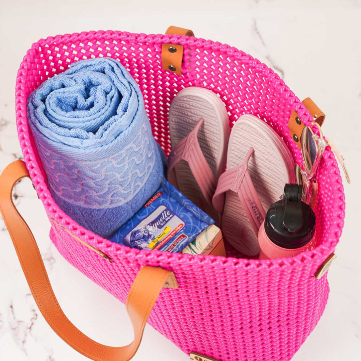 Hot Pink Solid Mukhya Knot Handmade Koodai Beach Bag