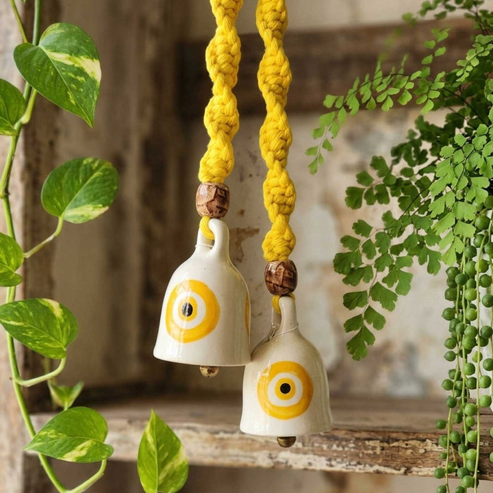 2 Pc | Macrame Handpainted Ceramic Bells Hanging With Wooden Rings & Beads