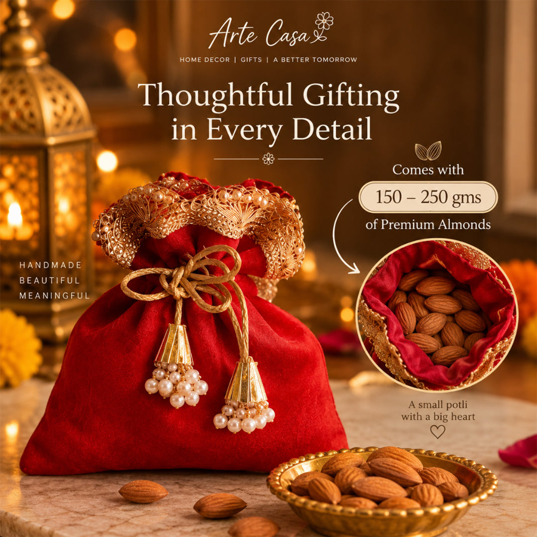 Ruby Utsav Red Basket Diwali Gift Hamper With Urli Soy Wax Candle And Almond Potli For Festive Gifting