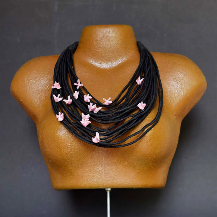 Handmade Textile Art Wired Floral Design Dupion Silk Fabric Necklace