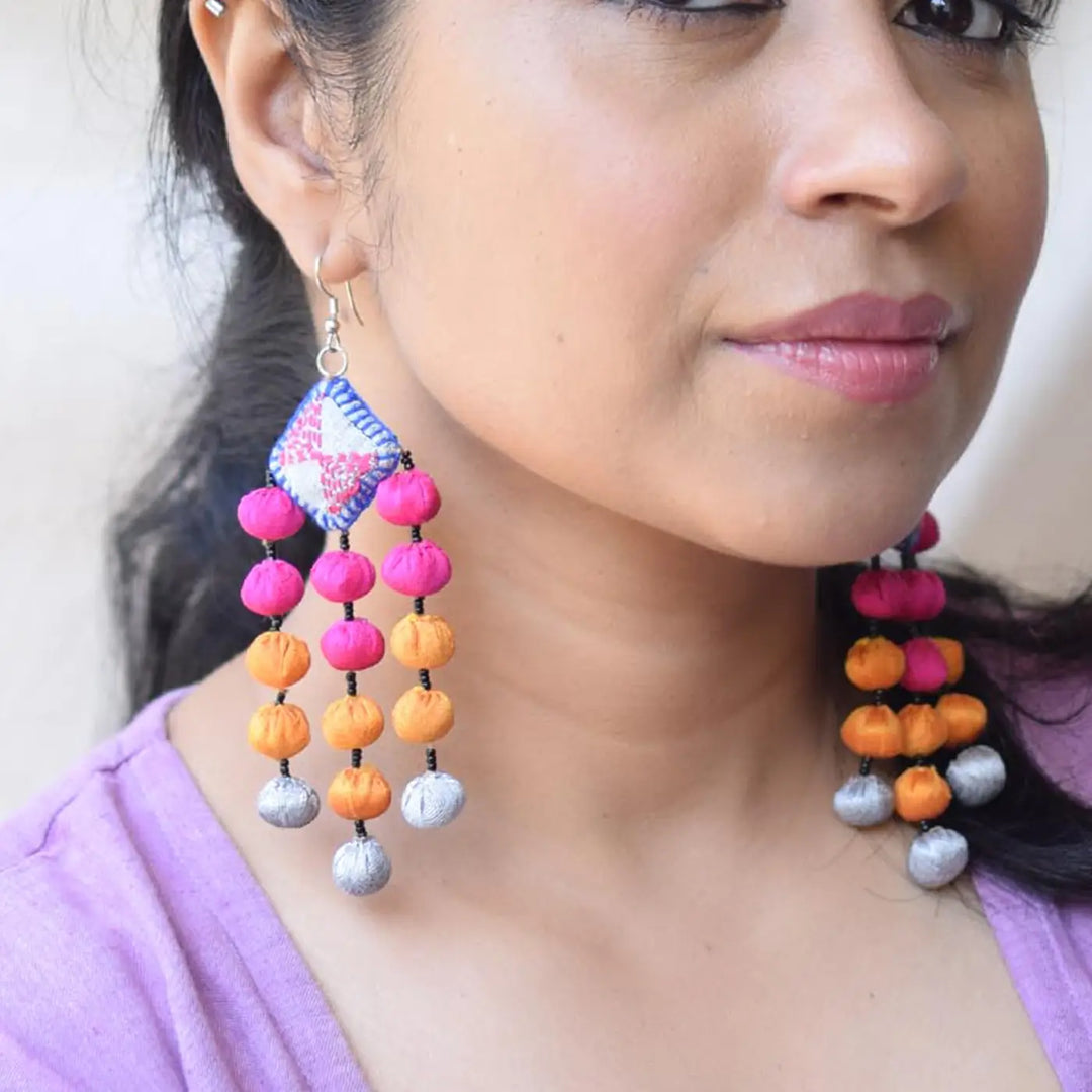 Handmade Textile Art Round Tassels Dupion Silk Fabric Earrings