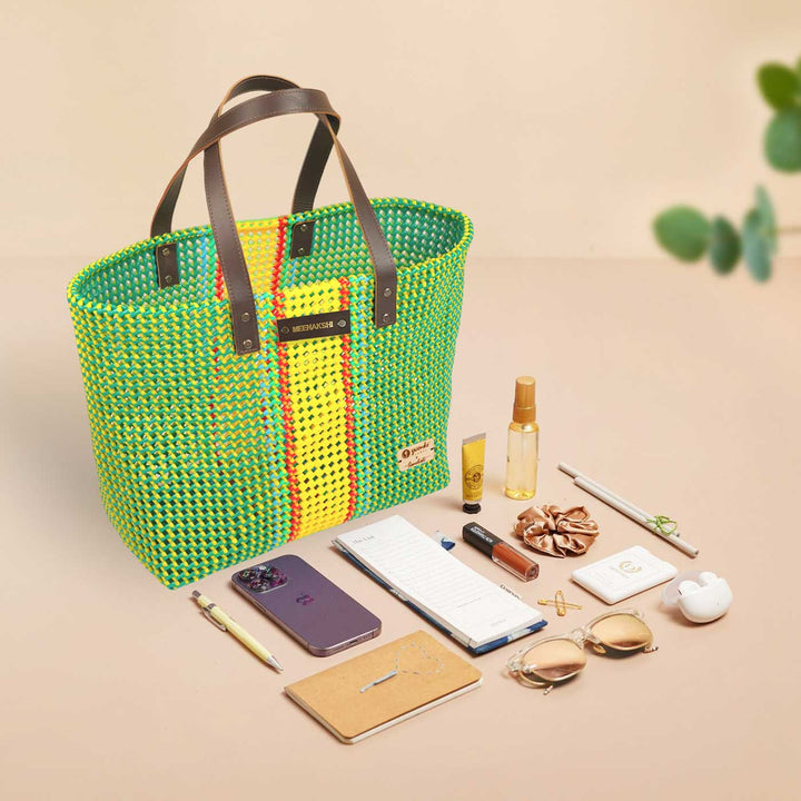 Green And Yellow Line Mukhya Knot Handmade Koodai Beach Bag